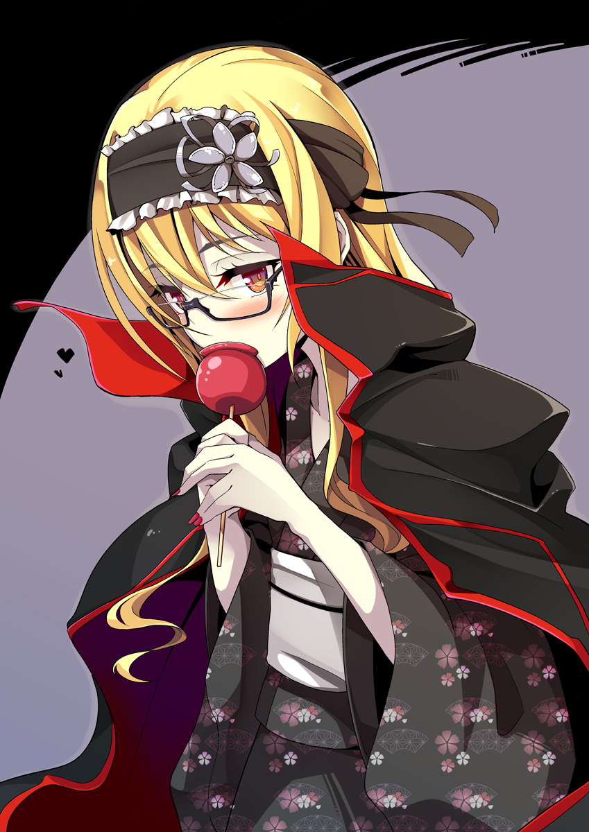 1girl bespectacled blonde_hair blush candy_apple cloak eating fingernails flower_ornament food glasses headband highres japanese_clothes kimono long_hair looking_at_viewer nail_polish ogami_kazuki pale_skin racua_(sennen_sensou_aigis) semi-rimless_eyewear sennen_sensou_aigis solo under-rim_eyewear yukata