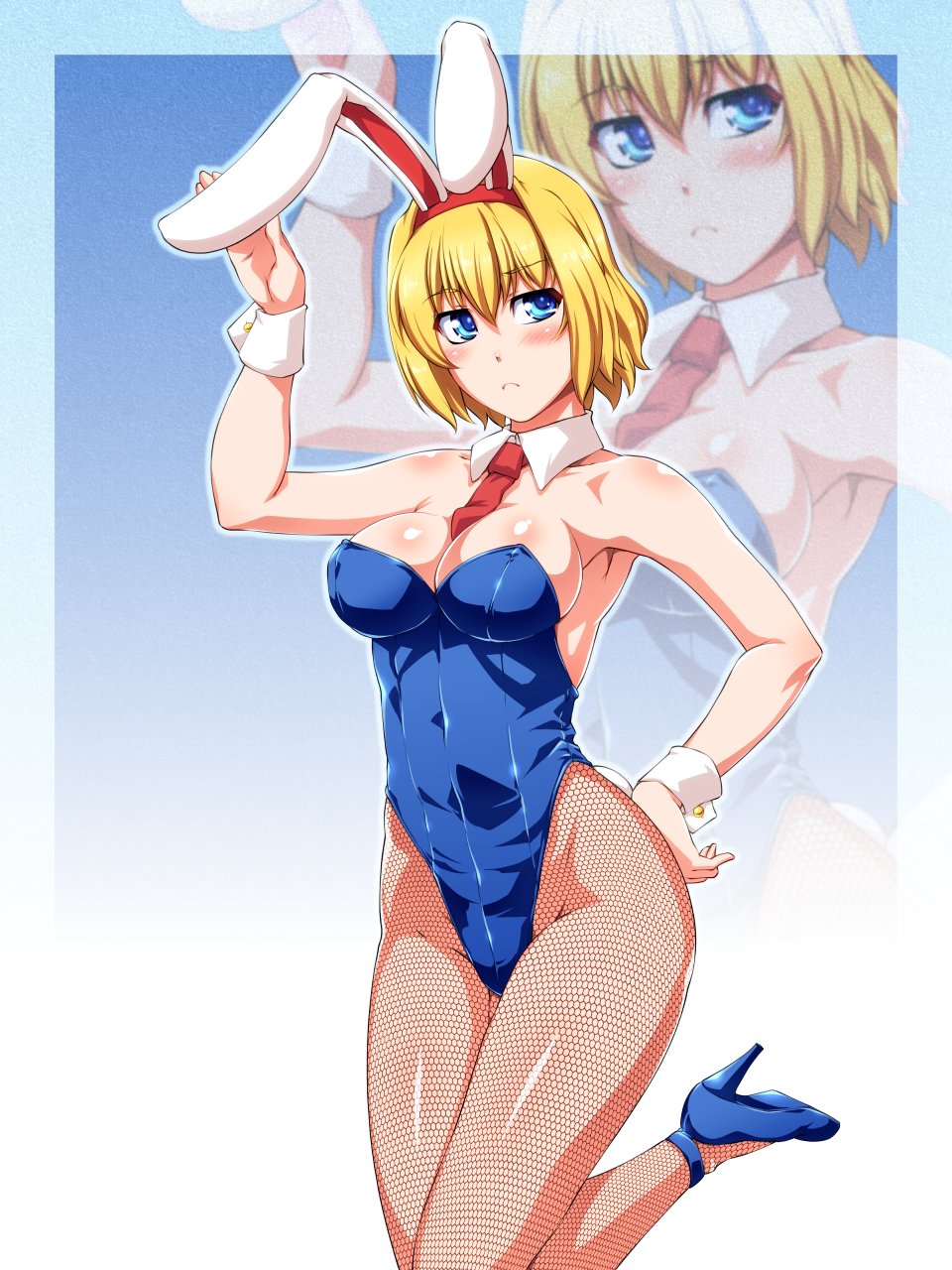 1girl alice_margatroid alternate_costume animal_ears arm_up armpits bangs bare_arms bare_shoulders between_breasts blonde_hair blue_background blue_eyes blue_footwear blue_leotard breasts bunny_tail bunnysuit cleavage closed_mouth collarbone covered_navel detached_collar eyebrows_visible_through_hair fake_animal_ears fishnet_pantyhose fishnets frown gradient gradient_background hand_on_hip high_heels highres large_breasts leg_up leotard looking_at_viewer looking_away looking_up necktie necktie_between_breasts ootsuki_wataru outline pantyhose rabbit_ears red_neckwear shiny shiny_skin short_hair solo standing standing_on_one_leg strapless strapless_leotard tail touhou wrist_cuffs zoom_layer