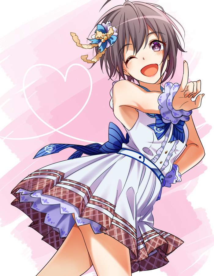 1girl black_eyes black_hair blush bow commentary_request heart heart_of_string idolmaster idolmaster_cinderella_girls idolmaster_cinderella_girls_starlight_stage looking_at_viewer one_eye_closed open_mouth otokura_yuuki pinky_out short_hair smile solo yodare_(3yami8)