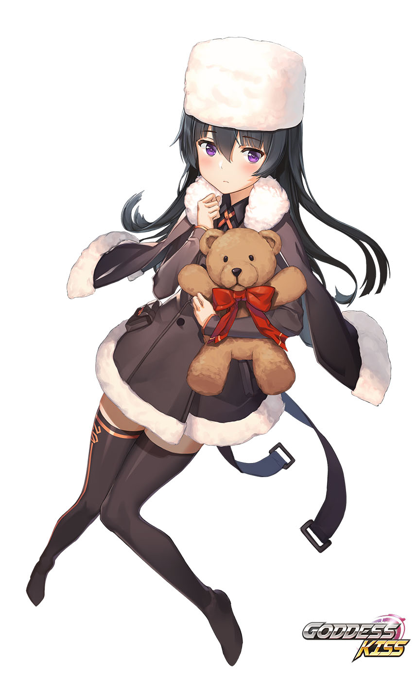 1girl bangs blush bow brown_capelet brown_coat brown_legwear closed_mouth coat eyebrows_visible_through_hair full_body fur-trimmed_capelet fur-trimmed_coat fur_collar fur_hat fur_trim goddess_kiss hand_up hat highres holding knees_together_feet_apart light_frown long_hair long_sleeves looking_at_viewer milyu navel no_pants official_art pouch red_bow red_neckwear simple_background solo stuffed_animal stuffed_toy teddy_bear thigh-highs white_background white_hat zettai_ryouiki