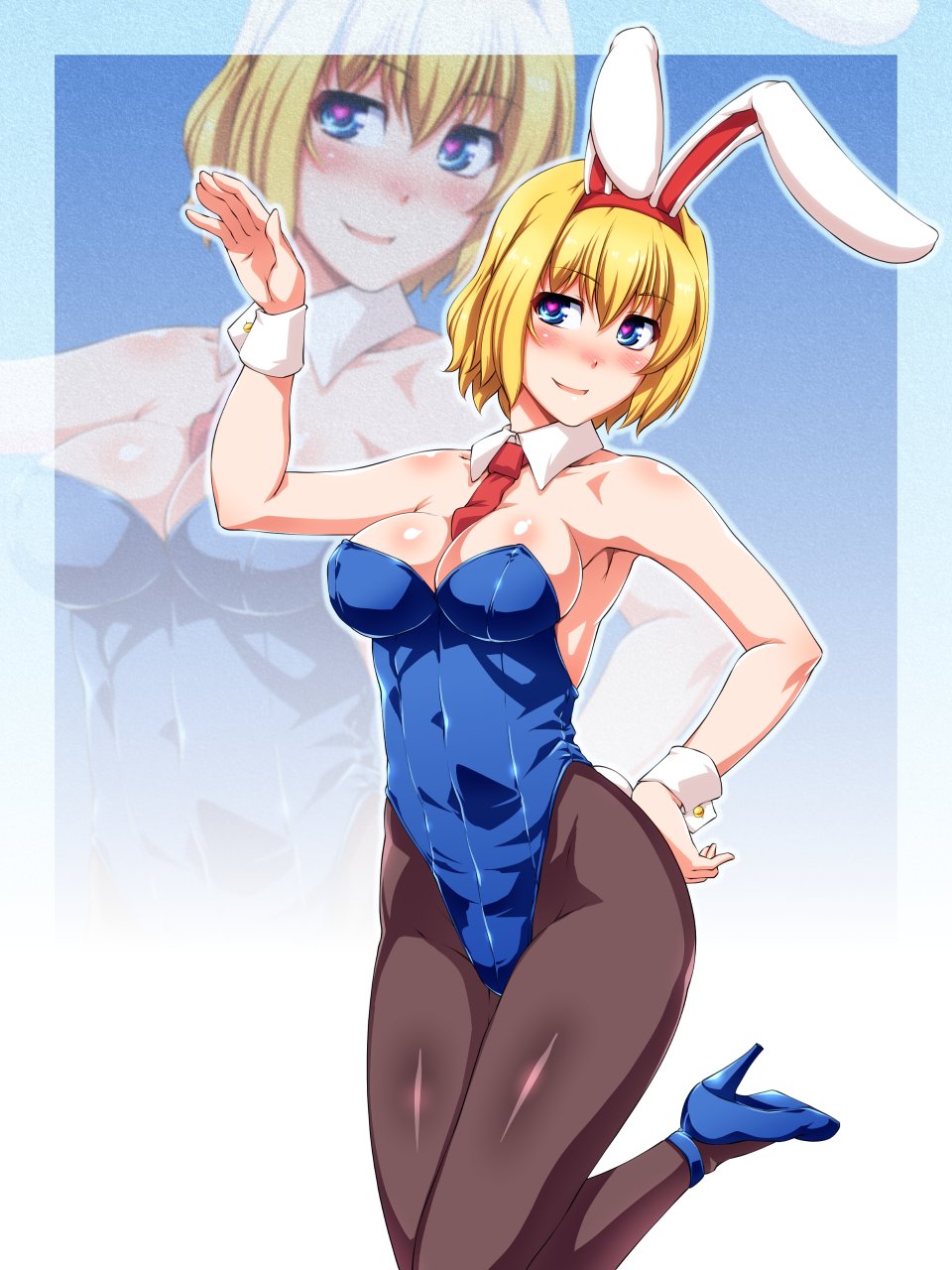 1girl :d alice_margatroid alternate_costume animal_ears arm_up armpits bangs bare_arms bare_shoulders between_breasts black_legwear blonde_hair blue_background blue_eyes blue_footwear blue_leotard breasts bunny_tail bunnysuit cleavage closed_mouth collarbone covered_navel detached_collar eyebrows_visible_through_hair fake_animal_ears gradient gradient_background hand_on_hip head_tilt heart heart-shaped_pupils high_heels highres large_breasts leg_up leotard looking_at_viewer looking_away looking_up necktie necktie_between_breasts ootsuki_wataru open_mouth outline pantyhose rabbit_ears red_neckwear shiny shiny_skin short_hair smile solo standing standing_on_one_leg strapless strapless_leotard symbol-shaped_pupils tail touhou wrist_cuffs zoom_layer