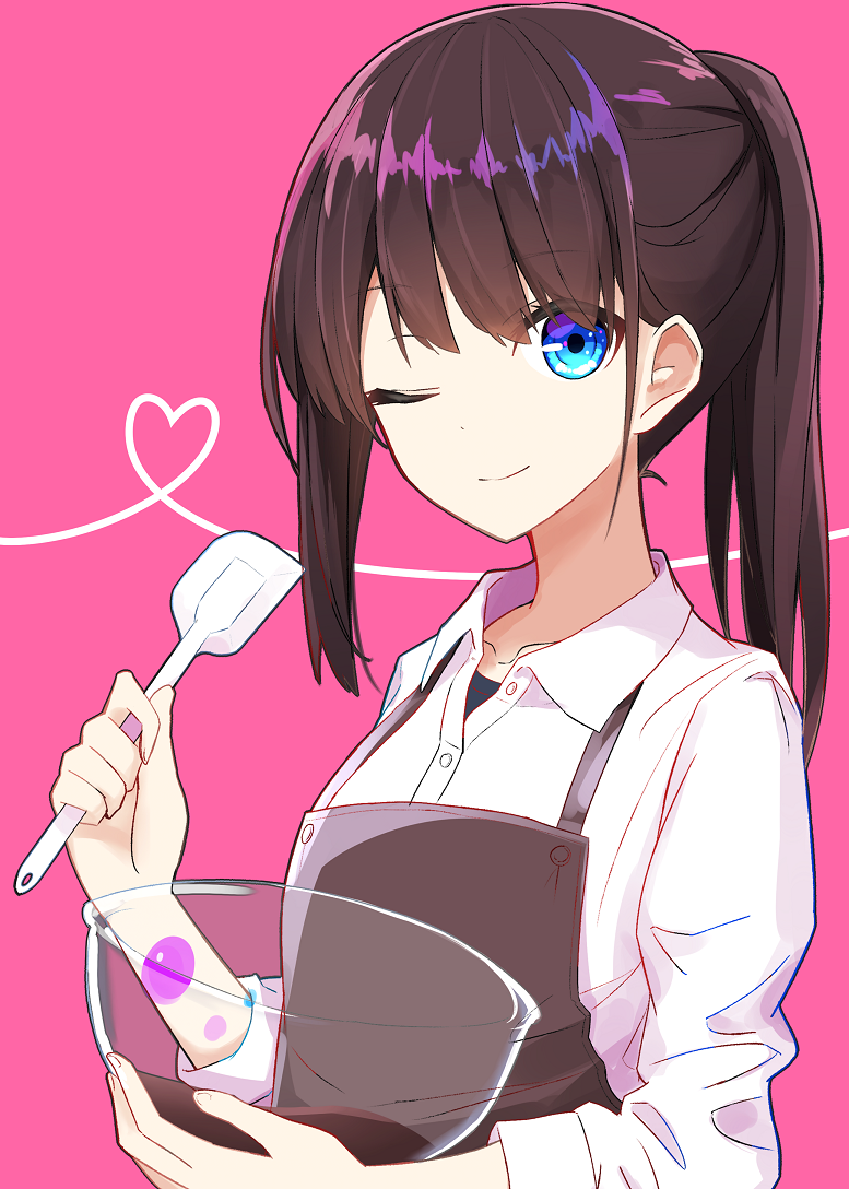 1girl ;) aa_(sin2324) apron bangs bowl brown_apron brown_hair closed_mouth collared_shirt commentary_request dress_shirt eyebrows_visible_through_hair fingernails hakama-chan_(aa) heart holding holding_bowl long_hair long_sleeves looking_at_viewer one_eye_closed original pink_background ponytail shirt sidelocks simple_background sleeves_pushed_up smile solo spatula transparent white_shirt
