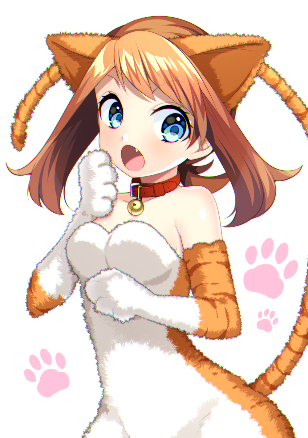 1girl animal_costume animal_ears bell blue_eyes breasts brown_hair cat_costume cat_ears cat_tail cleavage collar collarbone dress elbow_gloves eyebrows_visible_through_hair fang gloves haruka_(pokemon) haruka_(pokemon)_(remake) highres long_hair medium_breasts open_mouth paw_gloves paws pokemon simple_background sleeveless sleeveless_dress solo standing strapless strapless_dress tail twintails white_background yuihiko
