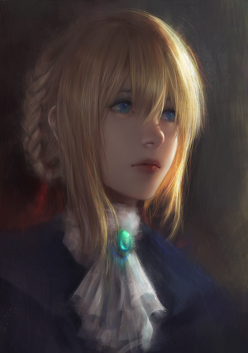 1girl bangs blonde_hair blue_dress blue_eyes braid closed_mouth dress hair_between_eyes lips long_hair looking_afar nose solo viet_le_quoc violet_evergarden violet_evergarden_(character)