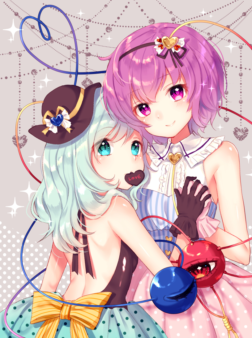 2girls alternate_costume backless_outfit bangs bare_back bare_shoulders barefoot black_gloves black_hairband black_hat blue_eyes blue_hair blue_shirt blue_skirt bow breasts center_frills chocolate chocolate_heart closed_mouth collared_shirt engrish eyebrows_visible_through_hair gloves grey_background hair_ornament hairband hand_holding hat hat_ribbon head_tilt heart heart-shaped_pupils heart_hair_ornament heart_of_string interlocked_fingers komeiji_koishi komeiji_satori looking_at_viewer looking_back mini_hat mouth_hold multiple_girls nunucco pink_eyes pink_gloves pink_hair pink_skirt polka_dot polka_dot_background polka_dot_skirt ranguage red_eyes ribbon shiny shiny_hair shirt short_hair shoulder_blades siblings sisters skirt small_breasts smile string striped striped_bow striped_shirt symbol-shaped_pupils third_eye touhou underwear vertical-striped_shirt vertical_stripes yellow_bow yellow_ribbon