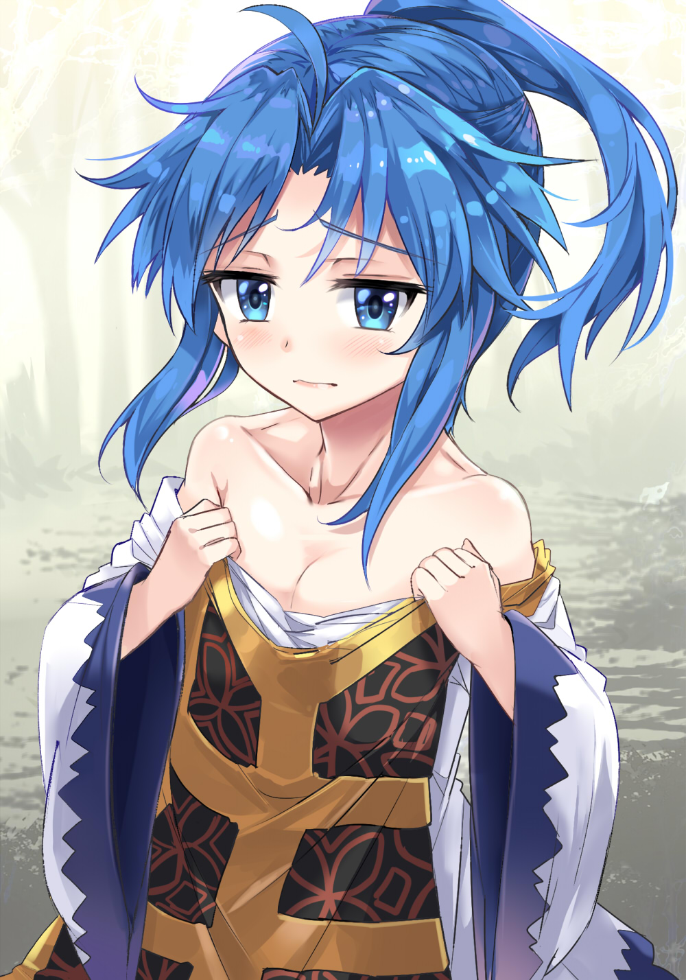 1girl bare_shoulders blue_eyes blue_hair blush breasts cleavage closed_mouth collarbone commentary_request dress e.o. highres kumoi_ichirin long_sleeves looking_at_viewer off_shoulder outdoors ponytail sidelocks small_breasts solo touhou upper_body wide_sleeves