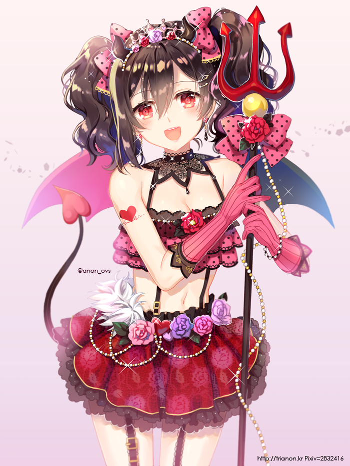 1girl :d arm_tattoo asymmetrical_wings bangs bare_shoulders black_hair blush bow breasts cleavage cowboy_shot demon_girl demon_horns demon_tail demon_wings earrings elbow_gloves eyebrows_visible_through_hair floral_print flower garter_straps glint gloves hair_bow hair_ornament hairclip heart holding horns jewelry layered_clothing layered_skirt looking_at_viewer love_live! love_live!_school_idol_project navel open_mouth pink_background pink_bow pink_gloves pixiv_id polearm polka_dot polka_dot_bow print_skirt purple_flower purple_rose red_eyes red_skirt rose rose_print shiny shiny_hair shiny_skin short_hair short_twintails simple_background skirt small_breasts smile solo sparkle standing stomach suspender_skirt suspenders tail tareme tattoo trianon trident twintails twitter_username vertical-striped_gloves watermark wavy_mouth weapon web_address wings yazawa_nico