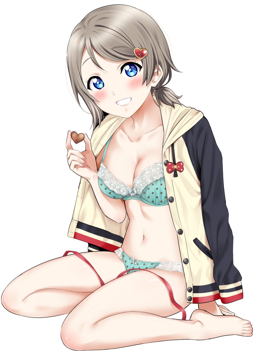 1girl alternate_hairstyle aqua_bra aqua_panties arm_support barefoot blue_eyes blush bra breasts brown_hair cleavage eyebrows_visible_through_hair full_body grin hair_ornament heart heart_hair_ornament highres hood hooded_jacket hoodie jacket jacket_on_shoulders love_live! love_live!_sunshine!! medium_breasts navel open_clothes open_hoodie panties polka_dot polka_dot_bra polka_dot_panties rozen5 short_hair short_ponytail simple_background sitting smile solo underwear watanabe_you white_background yokozuwari