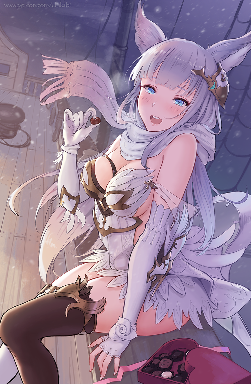 1girl :d animal_ears bangs bare_shoulders black_legwear blue_eyes blunt_bangs blush breasts chocolate cleavage commentary_request deck dress elbow_gloves eliskalti erun_(granblue_fantasy) fingerless_gloves gloves granblue_fantasy hair_ornament heart-shaped_box highres korwa long_hair looking_at_viewer medium_breasts open_mouth outdoors scarf ship silver_hair sitting skindentation smile solo thigh-highs valentine watercraft white_gloves white_legwear
