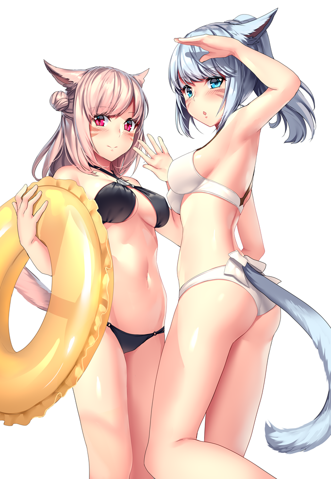 2girls :o animal_ears arm_up aruma_jiki ass bangs bare_shoulders bikini black_bikini blue_eyes blunt_bangs blush breasts cat_ears cat_tail cleavage closed_mouth commentary_request eyebrows_visible_through_hair facial_mark final_fantasy final_fantasy_xiv hair_bun holding innertube light_brown_hair long_hair looking_at_viewer looking_back medium_breasts miqo'te multiple_girls navel open_mouth ponytail red_eyes short_hair sideboob sidelocks silver_hair simple_background slit_pupils smile standing swimsuit tail white_background white_bikini