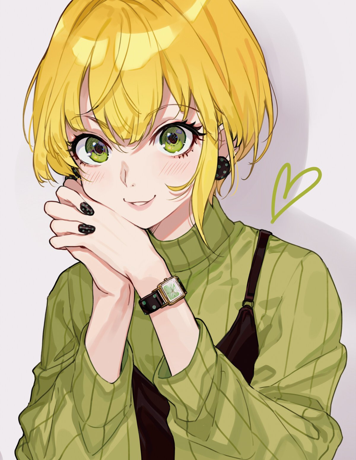 1girl blonde_hair camisole camisole_over_clothes commentary_request earrings eyebrows_visible_through_hair eyelashes green_eyes green_sweater hands_clasped head_rest heart highres idolmaster idolmaster_cinderella_girls jewelry looking_at_viewer miyamoto_frederica multicolored multicolored_nail_polish nail_polish own_hands_together parted_lips shadow short_hair simple_background smile solo sweater turtleneck turtleneck_sweater upper_body watch watch yuu_(higashi_no_penguin)