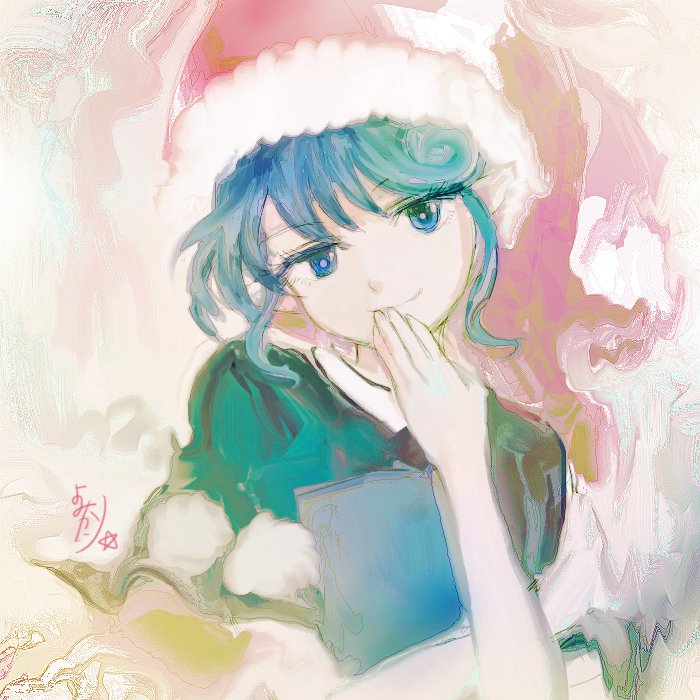 1girl blue_eyes blue_hair book doremy_sweet fringe hand_to_own_mouth hat katari looking_at_viewer signature smile solo touhou traditional_media