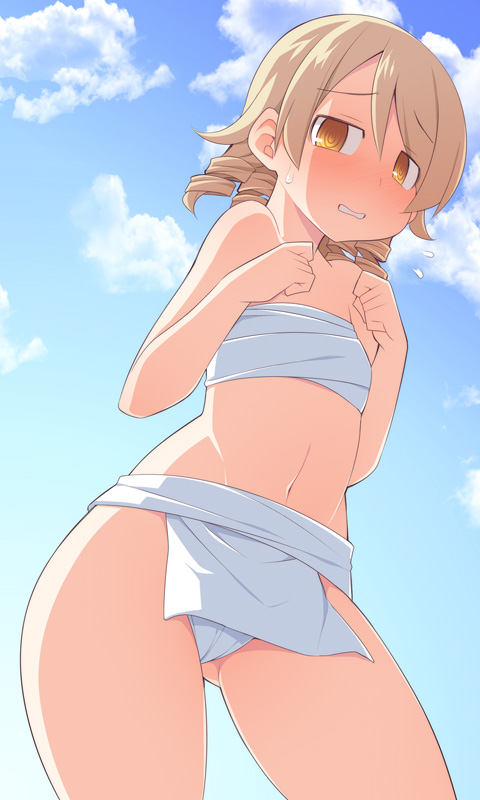 1girl blush brown_eyes clouds commentary_request day drill_hair flying_sweatdrops fundoshi gluteal_fold idolmaster idolmaster_cinderella_girls japanese_clothes light_brown_hair looking_at_viewer morikubo_nono navel outdoors sarashi short_hair sky solo ushi wavy_mouth