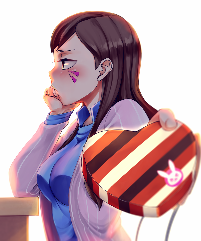 &gt;:3 1girl bangs blue_shirt blush box breasts brown_eyes brown_hair chin_rest collared_shirt d.va_(overwatch) embarrassed facepaint facial_mark fingernails from_side gift gift_box hand_on_own_cheek hand_on_own_face hands_up head_rest heart heart-shaped_box high_collar holding holding_gift incoming_gift jacket long_hair long_sleeves open_clothes open_jacket outstretched_arm overwatch profile reaching reaching_out rixch shirt simple_background sitting solo swept_bangs upper_body valentine whisker_markings white_background