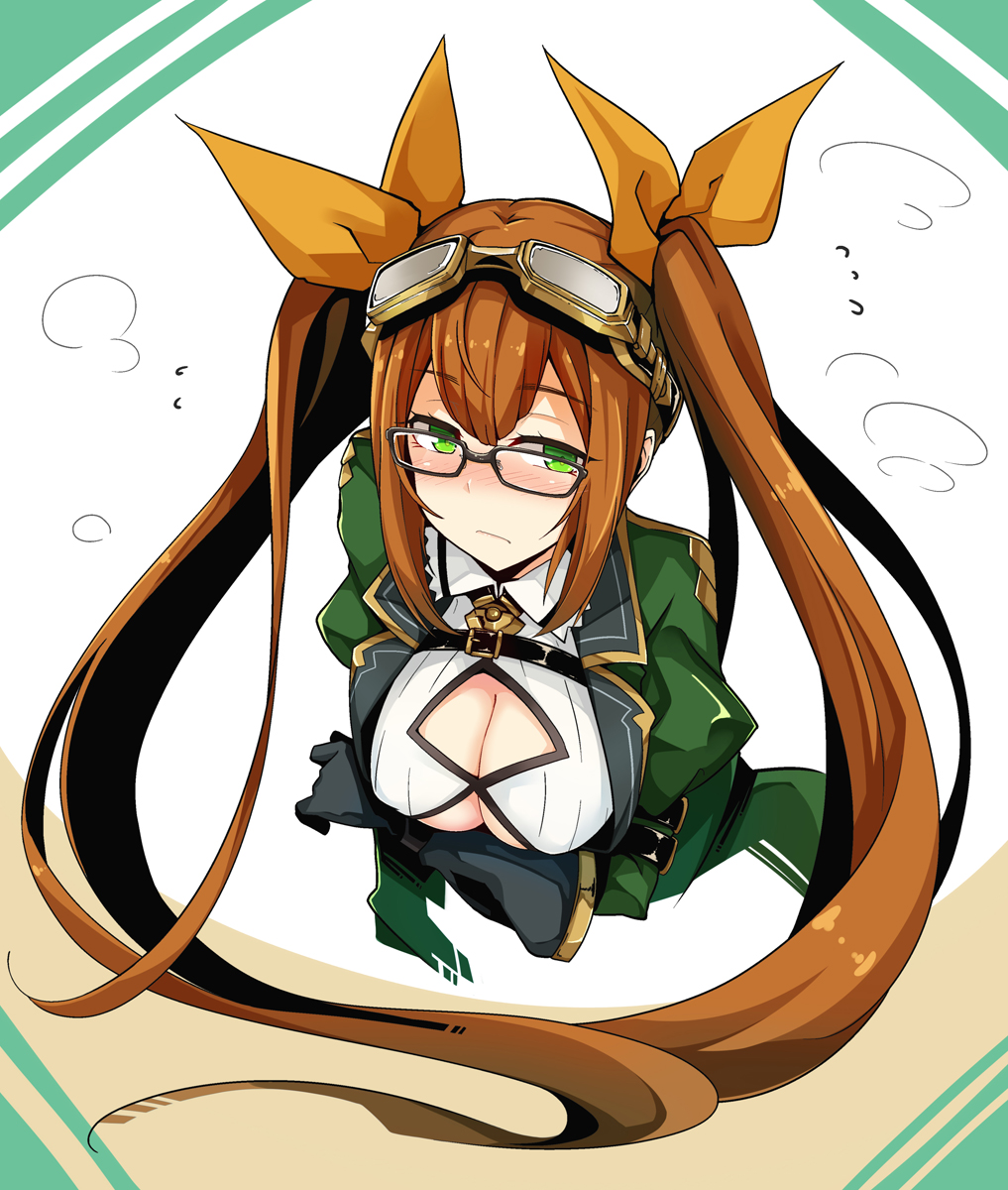 1girl bespectacled biting black-framed_eyewear blush breasts brown_hair cleavage cleavage_cutout embarrassed flying_sweatdrops frederica_(sennen_sensou_aigis) glasses goggles goggles_on_head green_eyes hair_ribbon highres large_breasts lip_biting long_hair looking_away ogami_kazuki ribbon sennen_sensou_aigis solo twintails upper_body very_long_hair white_background
