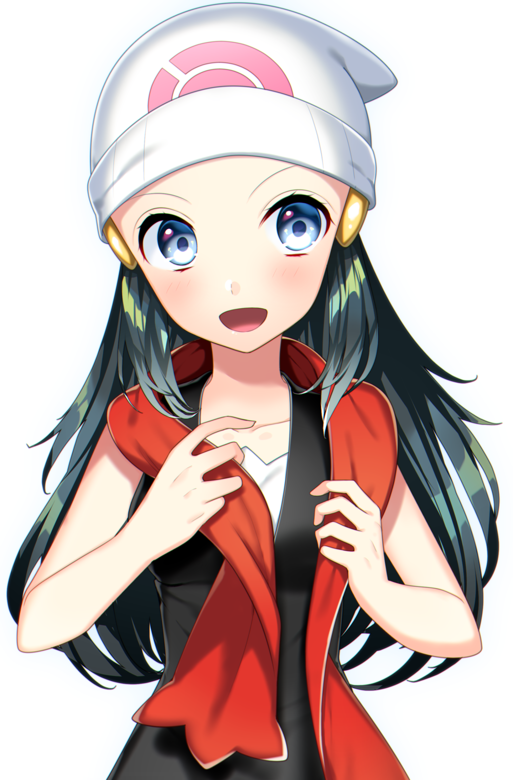 1girl :d black_hair blue_eyes collarbone hat highres hikari_(pokemon) long_hair open_mouth pokemon red_scarf scarf simple_background smile solo upper_body white_background white_hat yuihiko