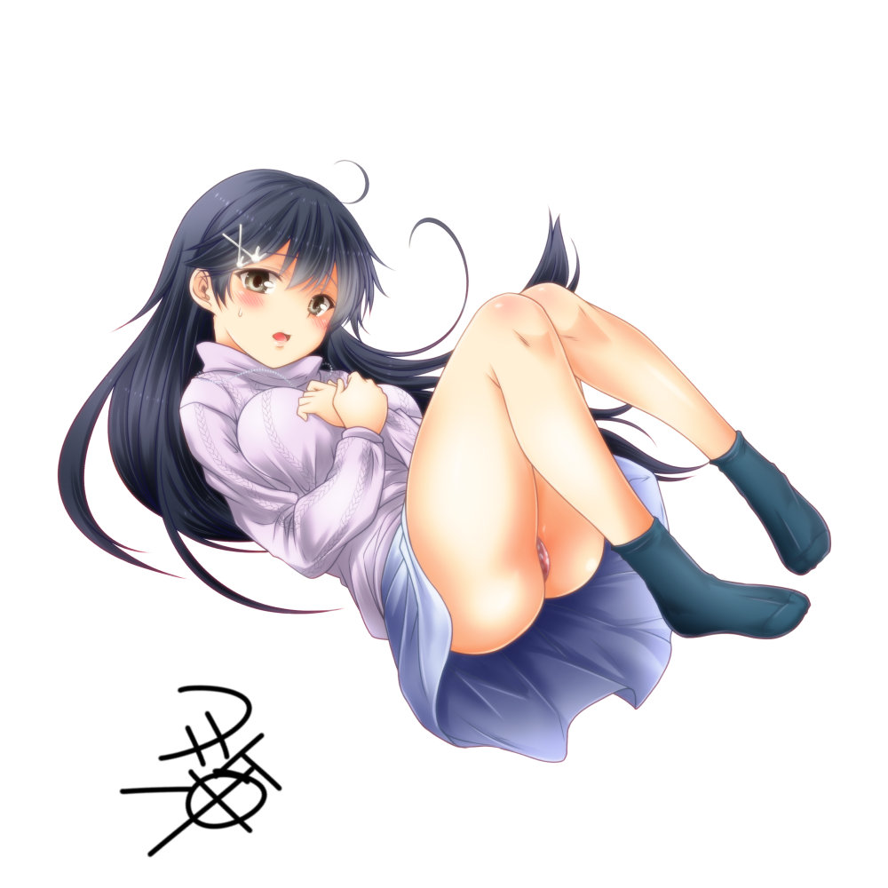 1girl alternate_costume black_hair blue_skirt blush feet kantai_collection long_hair long_sleeves no_shoes open_mouth pink_shirt revision shirt signature simple_background skirt socks solo ushio_(kantai_collection) white_background yellow_eyes yua_(checkmate)