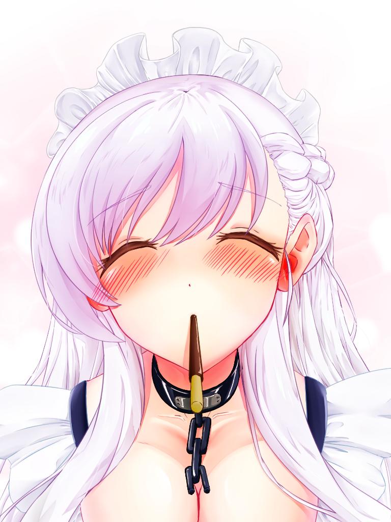 1girl azur_lane bangs belfast_(azur_lane) blush braid breasts chains cleavage closed_eyes collar collarbone eyebrows_visible_through_hair food french_braid frills hair_between_eyes large_breasts long_hair looking_at_viewer maid maid_headdress pocky pocky_kiss shared_food sidelocks silver_hair simple_background solo valentine wakamoto_riwo