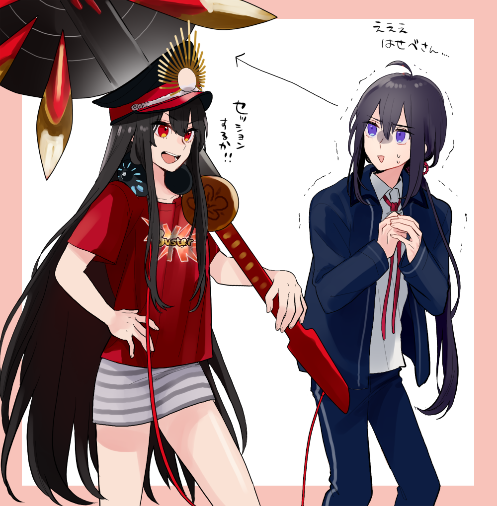 1boy 1girl ahoge asuma_(hanezu) black_hair buster_shirt crossover fate/grand_order fate_(series) guitar hand_on_hip hat instrument namazuo_toushirou oda_nobunaga_(fate) oda_nobunaga_(swimsuit_berserker)_(fate) open_mouth ponytail red_eyes shako_cap smile sweat touken_ranbu translation_request trembling violet_eyes