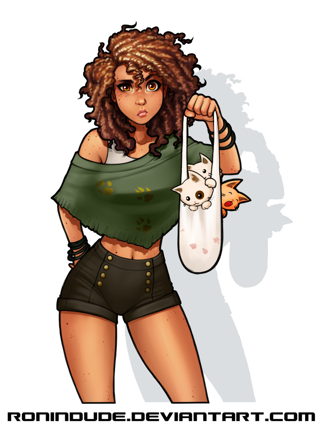 1girl bag bracelet brown_eyes brown_hair casual cat commentary cropped_legs dark_skin freckles hairlocs highres jewelry kitten lips looking_at_viewer medium_hair messy_hair midriff navel original poncho raised_eyebrow ronindude shorts solo tank_top too_many too_many_cats very_dark_skin