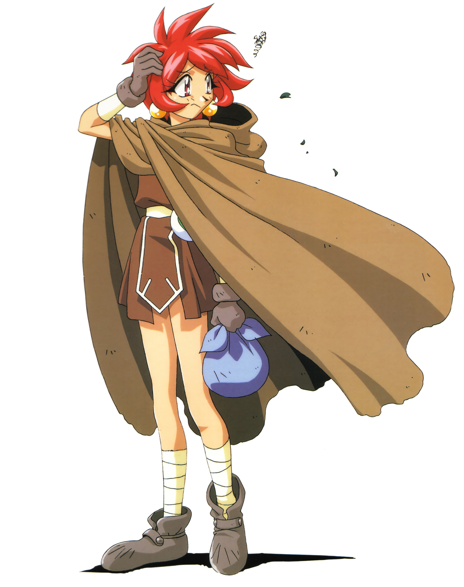 1girl 90s cloak earrings full_body gloves hand_on_head highres holding_sack jewelry official_art parfait_(lamune) red_eyes redhead short_hair simple_background solo vs_knight_lamune_&amp;_40_fresh white_background