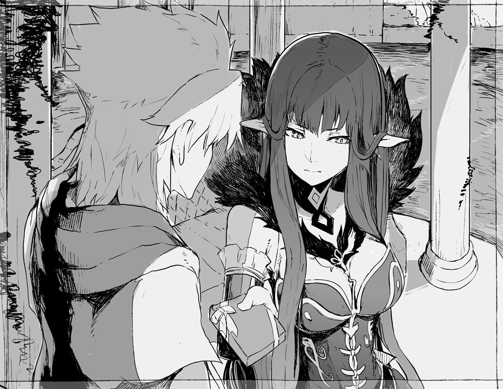 1boy 1girl amakusa_shirou_(fate) architecture bare_shoulders blush breasts cape cleavage closed_mouth collarbone column commentary couch detached_sleeves dress fate/apocrypha fate_(series) fur_trim gift greyscale large_breasts long_dress long_hair looking_away monochrome pillar pointy_ears ribbon semiramis_(fate) syatey upper_body valentine very_long_hair water