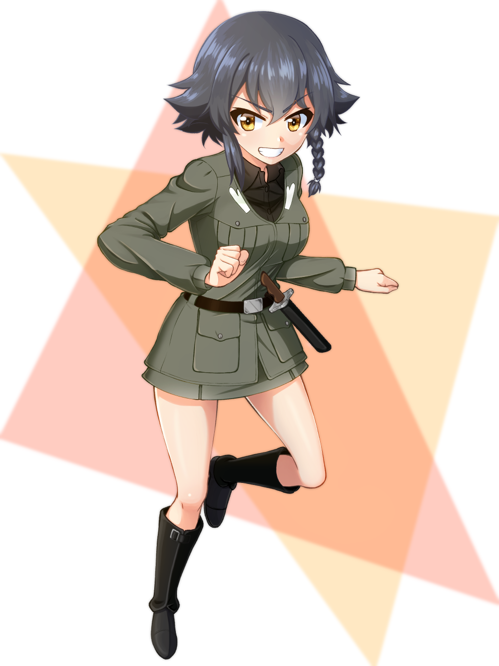 1girl anzio_military_uniform bangs belt black_belt black_footwear black_hair black_shirt boots braid brown_eyes commentary_request dress_shirt eyebrows_visible_through_hair full_body girls_und_panzer grey_jacket grey_skirt grin highres jacket knife long_sleeves looking_at_viewer military military_uniform miniskirt pencil_skirt pepperoni_(girls_und_panzer) ruka_(piyopiyopu) shirt short_hair side_braid skirt smile solo standing standing_on_one_leg uniform v-shaped_eyebrows wing_collar