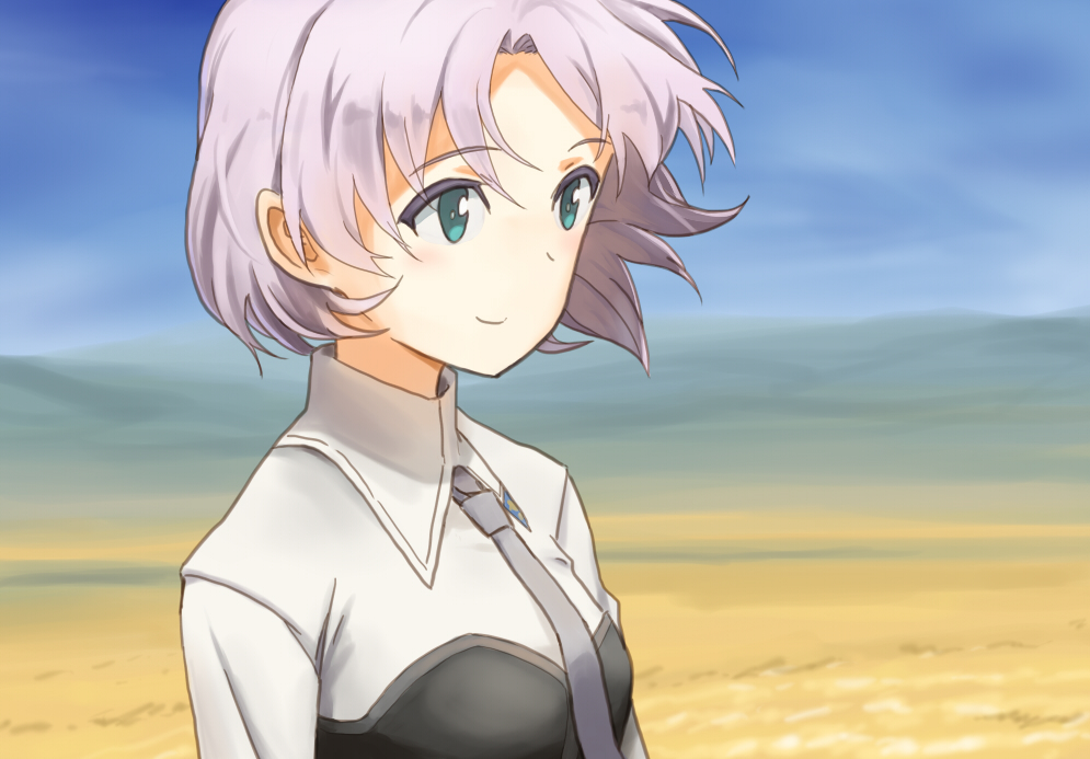 1girl blue_eyes blue_sky breasts bright_pupils closed_mouth day eyebrows eyebrows_visible_through_hair facing_away hair_intakes looking_away necktie outdoors sanya_v_litvyak shiratama_(hockey) shirt short_hair silver_hair silver_neckwear sky small_breasts smile solo strike_witches turtleneck upper_body white_pupils white_shirt world_witches_series