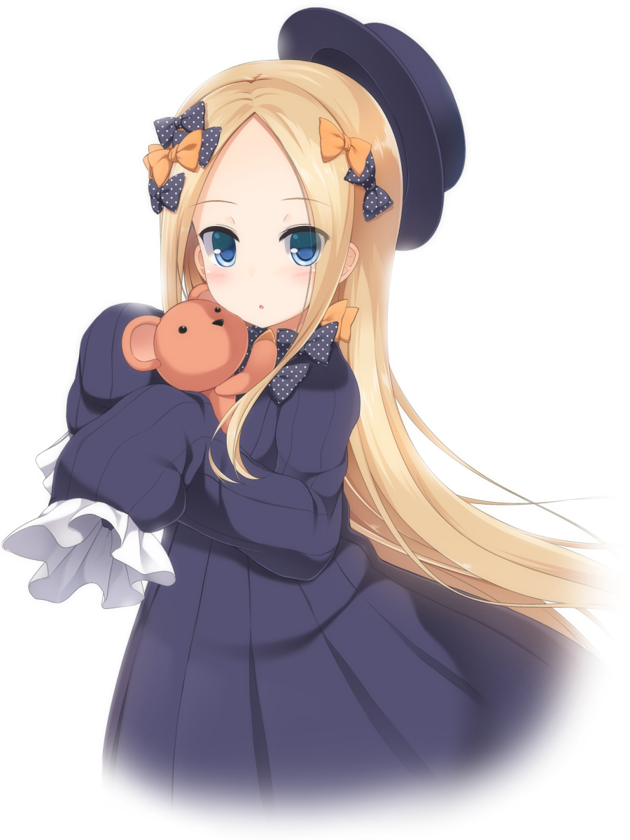 1girl :o abigail_williams_(fate/grand_order) bangs black_bow black_dress black_hat blonde_hair blue_eyes blush bow commentary_request dress eyebrows_visible_through_hair fate/grand_order fate_(series) forehead hair_bow hat highres long_sleeves looking_at_viewer object_hug orange_bow parted_bangs parted_lips polka_dot polka_dot_bow shirasu_youichi simple_background sleeves_past_fingers sleeves_past_wrists solo stuffed_animal stuffed_toy teddy_bear white_background
