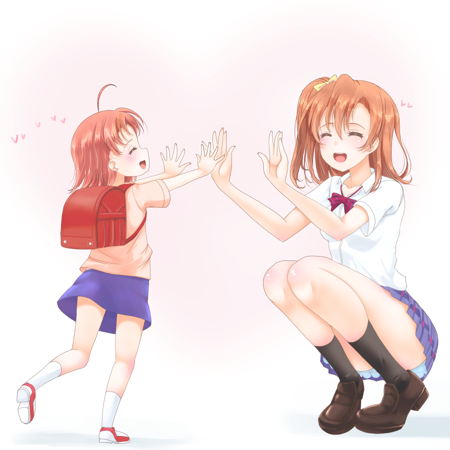 2girls :d ^_^ ^o^ ahoge backpack bag black_legwear blue_skirt blush bow bowtie brown_footwear closed_eyes collared_shirt convenient_leg eyebrows_visible_through_hair frapowa full_body heart kneehighs kousaka_honoka leg_up loafers love_live! love_live!_school_idol_project love_live!_sunshine!! miniskirt multiple_girls open_mouth orange_hair outstretched_arms petticoat pink_background pink_shirt plaid plaid_skirt pleated_skirt randoseru red_bow red_footwear red_neckwear school_uniform shirt shoes short_sleeves side_ponytail simple_background skirt smile squatting standing standing_on_one_leg takami_chika white_legwear white_shirt wing_collar younger