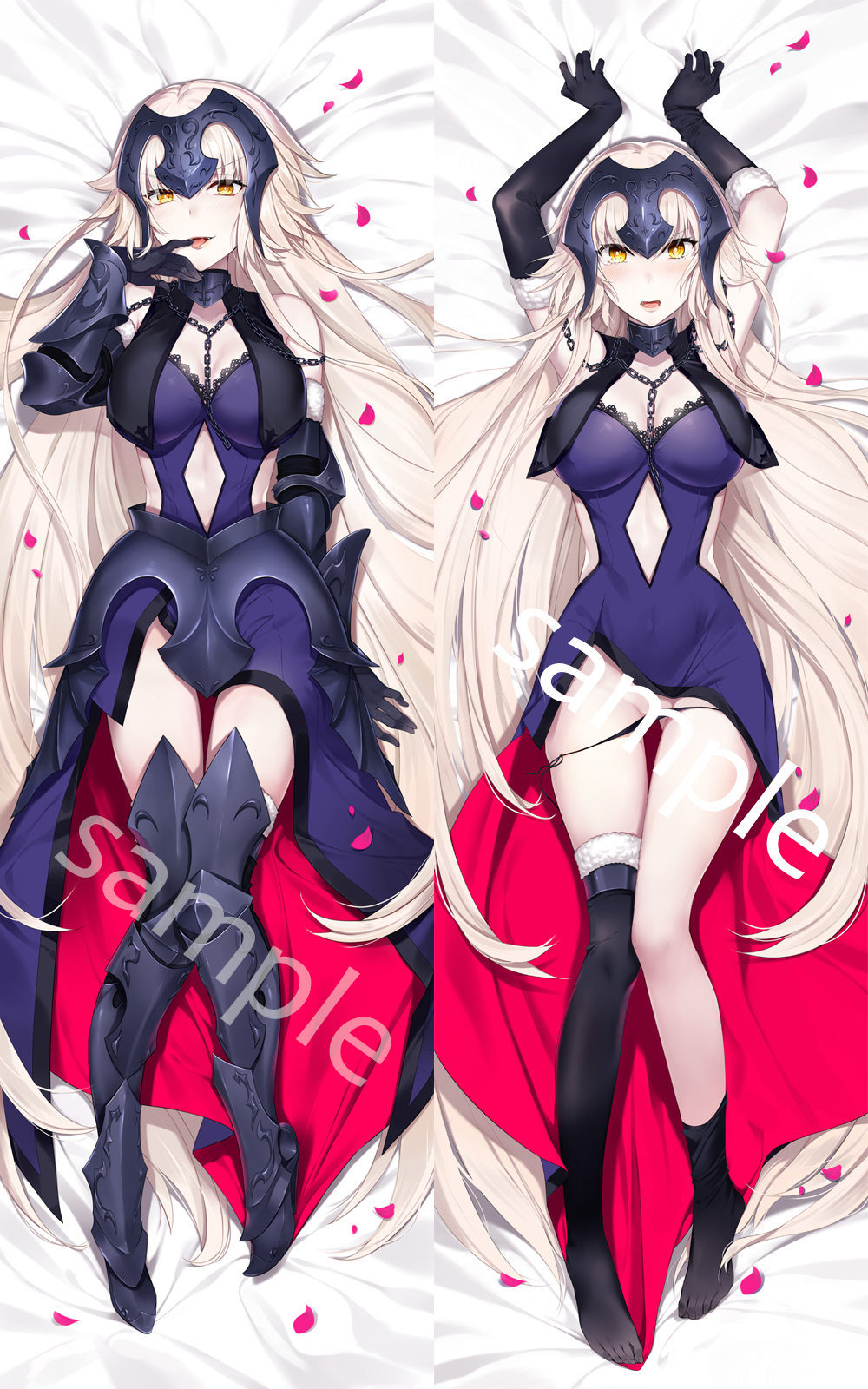 1girl armor armored_boots arms_up asymmetrical_legwear black_panties blush boots breasts capelet catsizuru chains dakimakura dress elbow_gloves fate/grand_order fate_(series) faulds finger_to_mouth fur-trimmed_gloves fur-trimmed_legwear fur_trim gauntlets gloves headpiece highres jeanne_alter jeanne_d'arc_(alter)_(fate) jeanne_d'arc_(fate)_(all) large_breasts long_hair lying multiple_views open_mouth pale_skin panties panty_pull petals purple_dress ruler_(fate/apocrypha) sample side-tie_panties silver_hair single_thighhigh thigh-highs tongue tongue_out underwear yellow_eyes