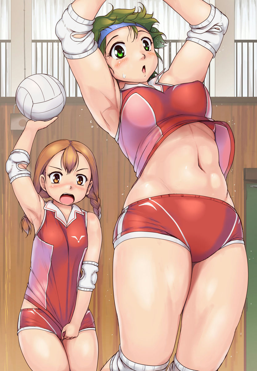 2girls arm_up armpits blush braid breasts brown_eyes brown_hair commentary_request covering covering_crotch elbow_pads flying_sweatdrops green_eyes green_hair gym headband highres holding indoors knee_pads looking_at_viewer low_twintails medium_breasts multiple_girls navel nose_blush open_mouth original orizen parted_lips railing red_footwear shirt shirt_tug short_hair sleeveless sleeveless_shirt sportswear sweat twin_braids twintails v-shaped_eyebrows volleyball volleyball_uniform