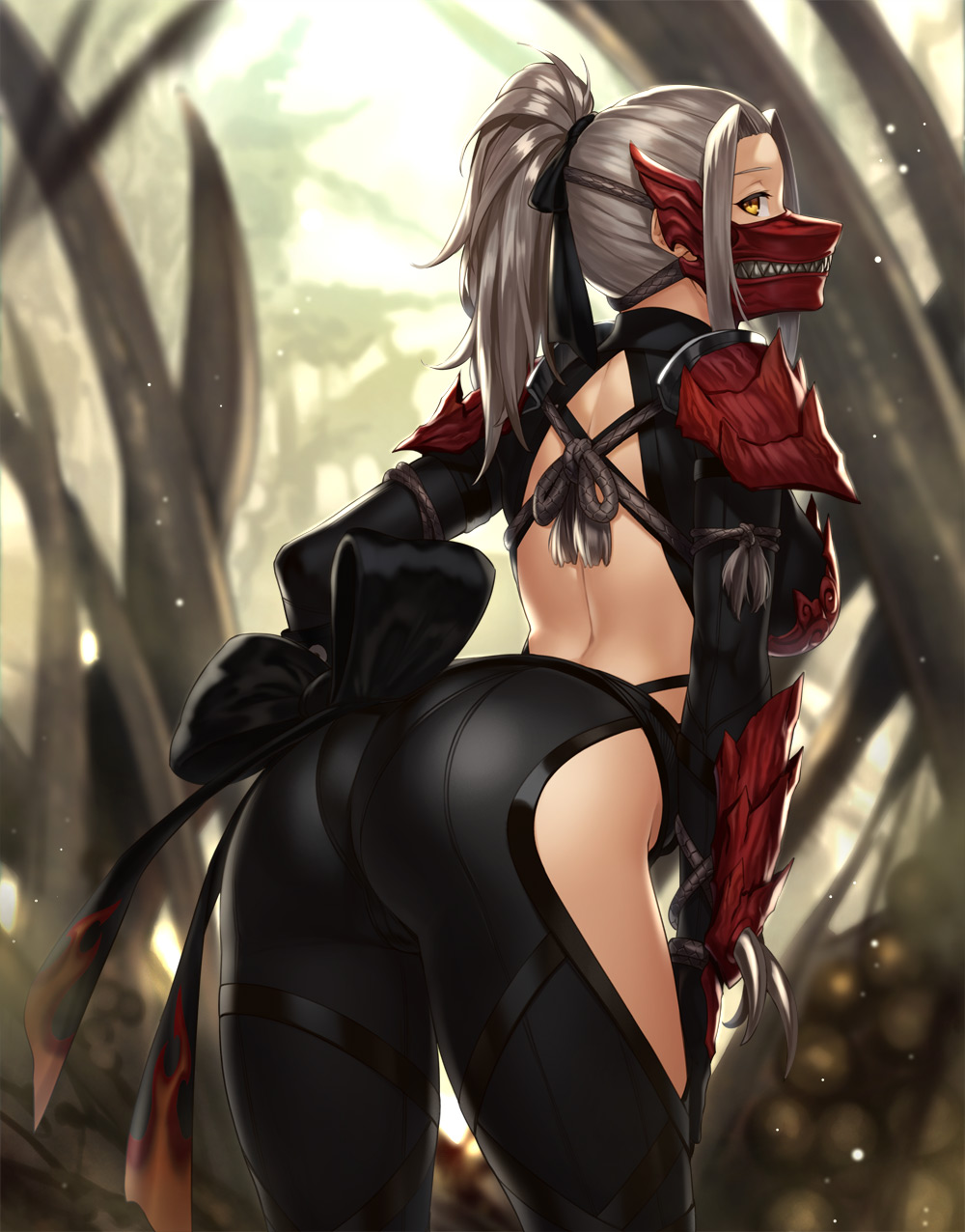 1girl arched_back armor ass back back_cutout bow breasts from_behind hair_bow hand_on_hip hand_on_own_thigh highres houtengeki knot large_breasts long_hair looking_at_viewer looking_back mask monster_hunter monster_hunter:_world odogaron_(armor) outdoors pauldrons ponytail silver_hair solo standing yellow_eyes