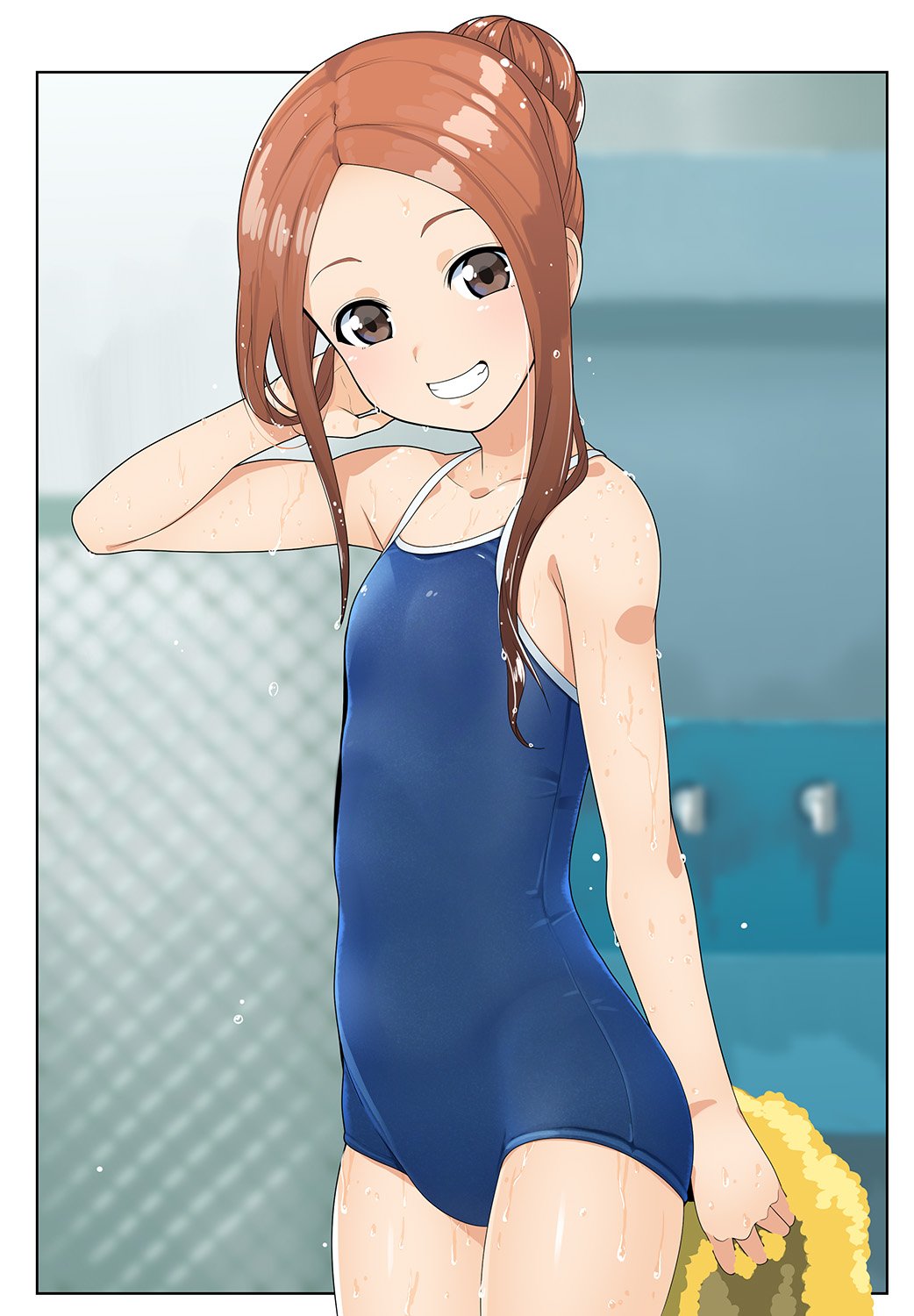 1girl asarakura black_eyes blue_swimsuit brown_hair commentary_request competition_school_swimsuit cowboy_shot grin hair_bun highres karakai_jouzu_no_takagi-san long_hair looking_at_viewer school_swimsuit sidelocks smile solo swimsuit takagi-san towel wet yellow_towel