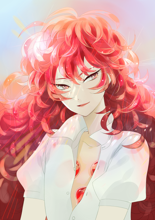 androgynous gem houseki_no_kuni long_hair looking_at_viewer open_clothes open_shirt padparadscha_(houseki_no_kuni) red_eyes redhead shirt smile solo sparkle upper_body wavy_hair