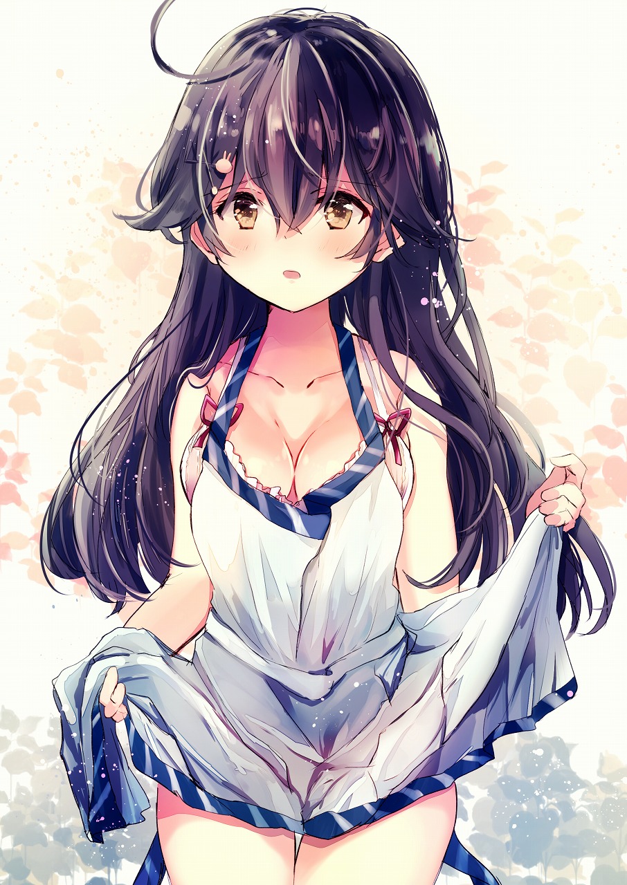 1girl :o ahoge apron apron_lift bare_shoulders black_hair blush bra breasts brown_eyes brown_hair cleavage cowboy_shot hair_between_eyes hair_ornament hairclip highres kantai_collection leaf leaf_background lifted_by_self long_hair looking_at_viewer medium_breasts nanahamu panties pink_bra red_ribbon ribbon shiny shiny_hair shiny_skin standing tareme thigh_gap thighs underwear ushio_(kantai_collection) white_apron