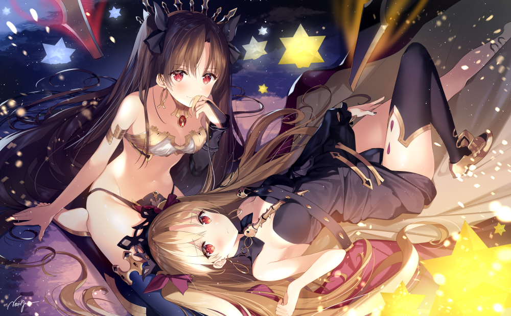 2girls adjusting_hair armlet armpits bangs bare_shoulders barefoot bikini black_legwear black_ribbon blonde_hair blush breasts bridal_gauntlets brown_hair cleavage closed_mouth crown detached_collar earrings ereshkigal_(fate/grand_order) eyebrows_visible_through_hair fate/grand_order fate_(series) frown hair_ornament hair_ribbon holding holding_hair hoop_earrings ishtar_(fate/grand_order) jewelry lap_pillow leotard light_particles long_hair looking_at_viewer lying medium_breasts mismatched_bikini multiple_girls navel necomi on_back parted_bangs red_eyes ribbon seiza signature single_detached_sleeve single_thighhigh sitting skull smile solo spine star stomach straight_hair strapless strapless_bikini swimsuit thigh-highs tiara toeless_legwear two_side_up very_long_hair