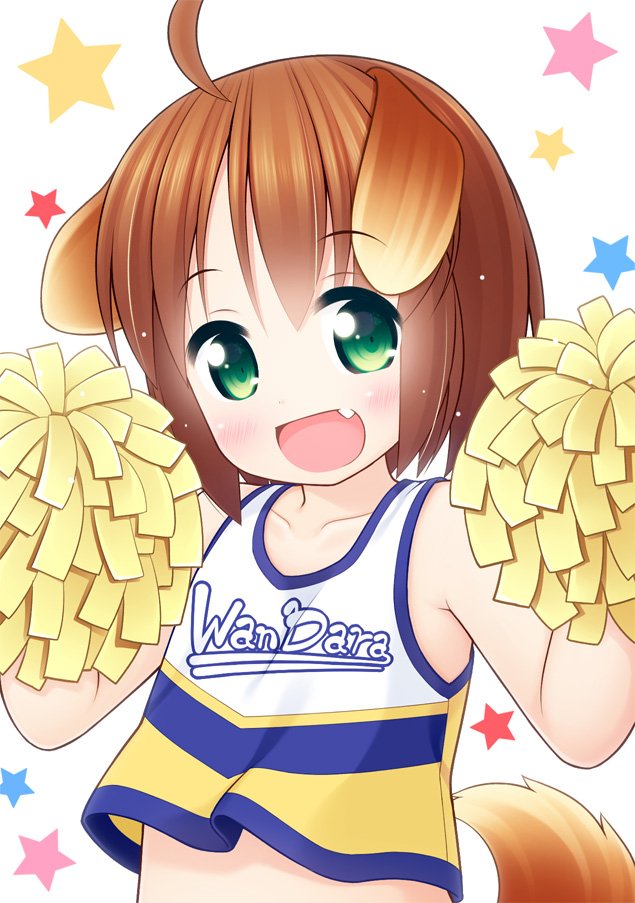 1girl :d ahoge animal_ears bangs bare_shoulders blush brown_hair cheerleader clothes_writing collarbone commentary_request crop_top dog_ears dog_girl dog_tail eyebrows_visible_through_hair fang green_eyes hair_between_eyes head_tilt holding inuarashi looking_at_viewer meiko_(inuarashi) open_mouth original pom_poms shirt short_hair sleeveless sleeveless_shirt smile solo star starry_background tail white_background