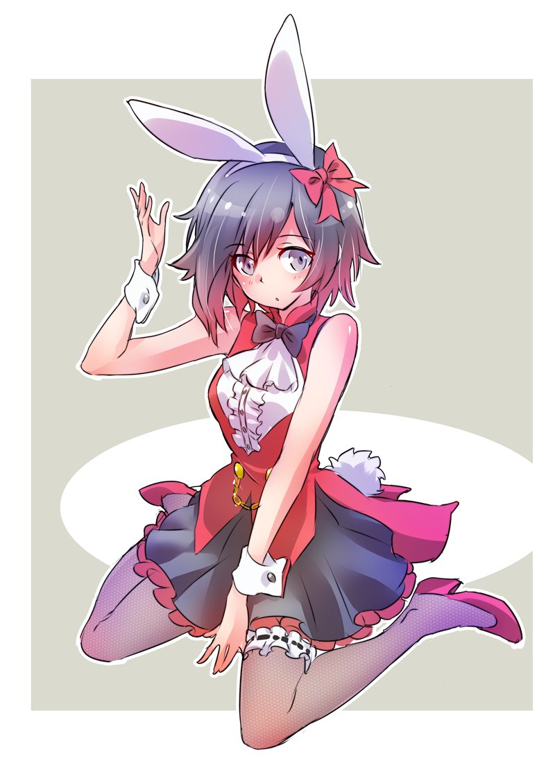 1girl animal_ears blush bunny_tail commentary cravat high_heels iesupa rabbit_ears ruby_rose rwby sleeve_cuffs solo tail thigh-highs