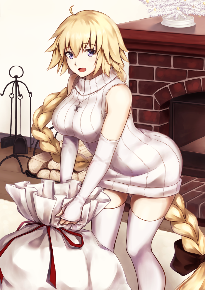 1girl absurdly_long_hair ahoge black_bow blonde_hair blue_eyes bow braid elbow_gloves enchuu eyebrows_visible_through_hair fate/apocrypha fate_(series) fingerless_gloves floating_hair gift_bag gloves hair_between_eyes hair_bow indoors jeanne_d'arc_(fate) jeanne_d'arc_(fate)_(all) leaning_forward long_hair low-tied_long_hair open_mouth ponytail single_braid solo standing sweater sweater_vest thigh-highs very_long_hair white_gloves white_legwear white_sweater