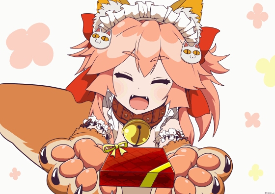 1girl :d animal_ears bangs bell bell_collar blush bow box brown_collar cat_hair_ornament closed_eyes collar commentary_request eyebrows_visible_through_hair facing_viewer fangs fate/extra fate/grand_order fate_(series) fox_ears fox_girl fox_tail gift gift_box gloves hair_between_eyes hair_bow hair_ornament holding holding_gift jingle_bell long_hair maid_headdress open_mouth outstretched_arms paw_gloves paws red_bow robisonjr smile solo tail tamamo_(fate)_(all) tamamo_cat_(fate) valentine