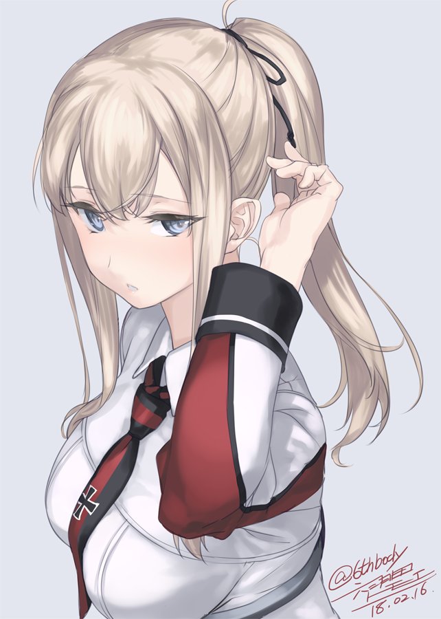 1girl 2018 alternate_hairstyle blonde_hair blue_eyes breasts collared_jacket dated graf_zeppelin_(kantai_collection) grey_background grey_jacket iron_cross jacket kantai_collection large_breasts long_hair long_sleeves looking_at_viewer necktie ponytail red_neckwear rokuwata_tomoe sidelocks simple_background solo twitter_username upper_body