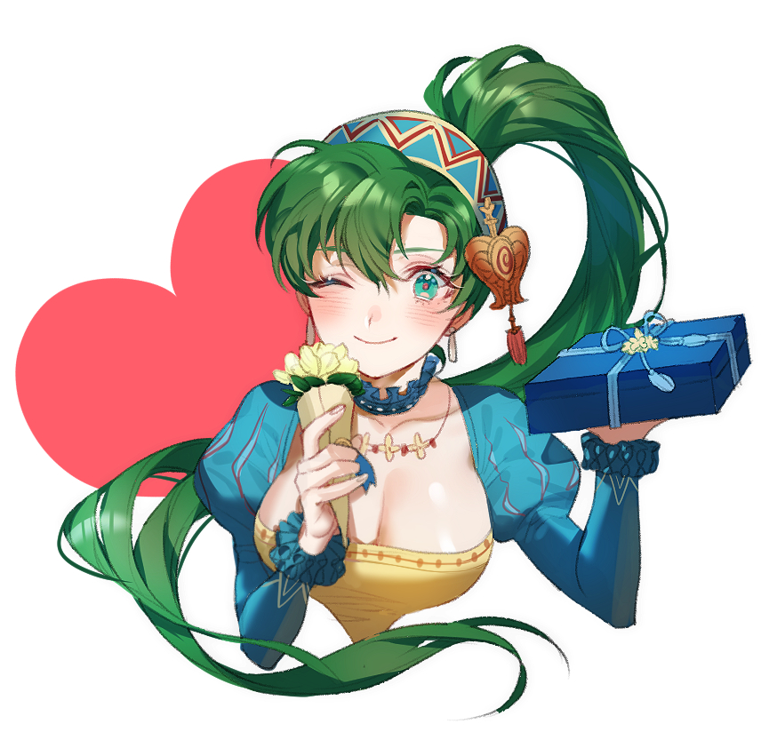 1girl breasts cleavage dress fire_emblem fire_emblem:_rekka_no_ken fire_emblem_heroes gift green_eyes green_hair hair_ornament high_ponytail large_breasts long_hair looking_at_viewer lyndis_(fire_emblem) one_eye_closed ponytail smile solo zuizi