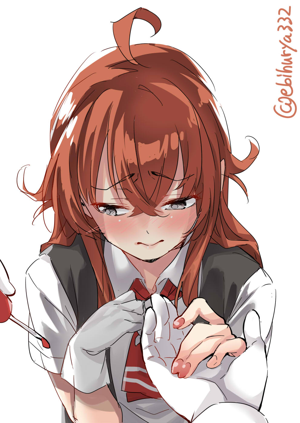 1girl 3: admiral_(kantai_collection) arashi_(kantai_collection) black_vest blush ebifurya embarrassed eyebrows_visible_through_hair gloves grey_eyes hair_between_eyes hand_holding highres holding_hand kantai_collection kerchief long_hair looking_away nail_polish painting_nails pov pov_hands redhead shirt short_sleeves simple_background twitter_username vest white_background white_gloves white_shirt