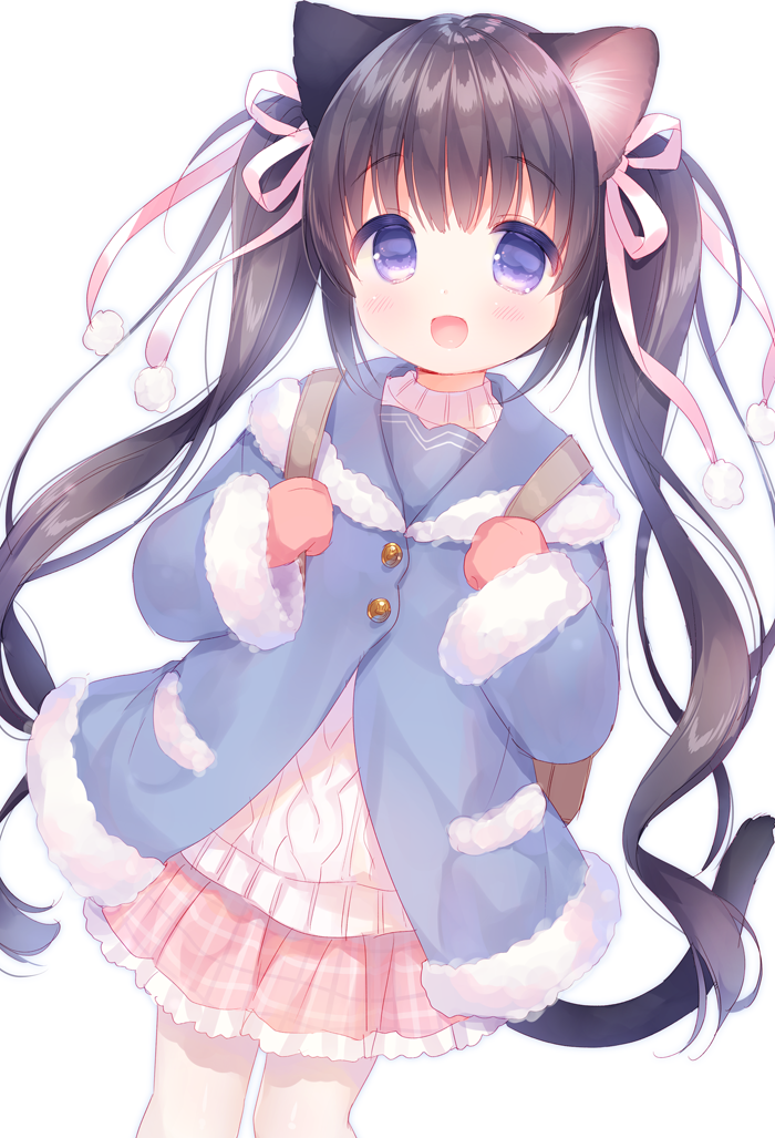 1girl :d animal_ears aran_sweater backpack bag bangs blue_coat blue_eyes blush brown_hair brown_mittens cat_ears cat_girl cat_tail coat commentary_request cowboy_shot dutch_angle eyebrows_visible_through_hair fur-trimmed_coat fur-trimmed_sleeves fur_trim hair_between_eyes hair_ribbon head_tilt holding long_hair long_sleeves looking_at_viewer mittens open_mouth original pink_ribbon pink_skirt plaid plaid_skirt pleated_skirt pom_pom_(clothes) ribbon simple_background skirt smile solo sweater tail twintails_day usashiro_mani very_long_hair white_background white_sweater