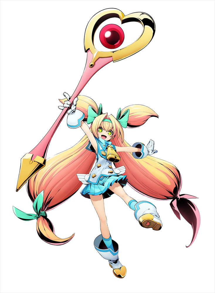 1girl aqua_legwear bell blazblue blazblue:_cross_tag_battle blonde_hair cow_bell gloves hair_ribbon heart heart-shaped_pupils long_hair low-tied_long_hair muchourin official_art platinum_the_trinity quad_tails ribbon socks solo staff symbol-shaped_pupils two_side_up