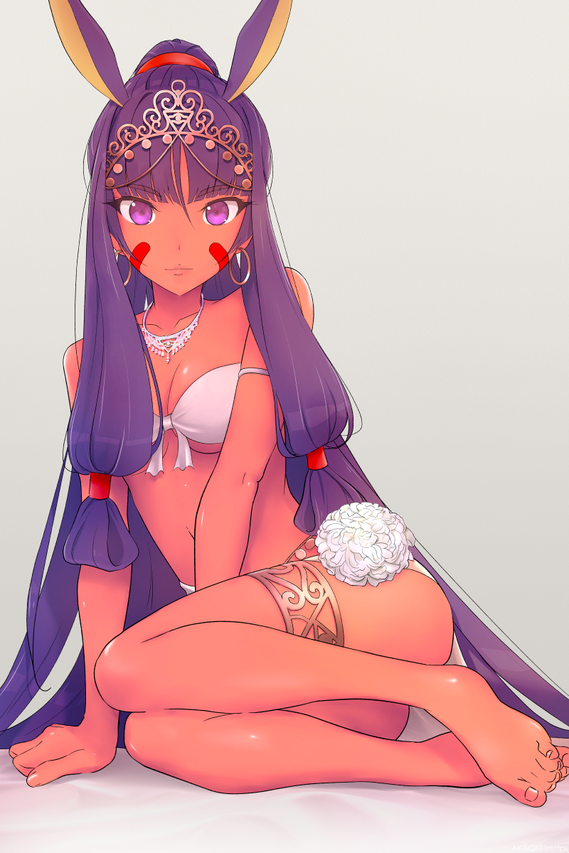 1girl akagi_(fmttps) armlet barefoot bikini breasts cleavage dark_skin earrings facial_mark fate/grand_order fate_(series) hair_ribbon highres hoop_earrings jackal_ears jewelry long_hair looking_at_viewer medium_breasts nitocris_(fate/grand_order) nitocris_(swimsuit_assassin)_(fate) purple_hair ribbon sitting solo swimsuit thighlet very_long_hair violet_eyes white_bikini