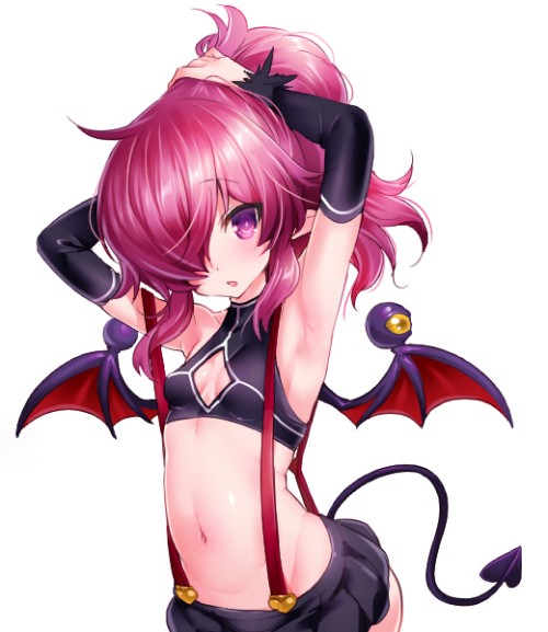 1girl :o adjusting_hair armpits arms_up blush breasts cleavage cleavage_cutout commentary_request demon_girl demon_tail demon_wings hair_over_one_eye hizuki_akira horns long_hair looking_at_viewer microskirt midriff navel original pink_eyes pink_hair pointy_ears ponytail skirt small_breasts solo suspenders tail tying_hair wings