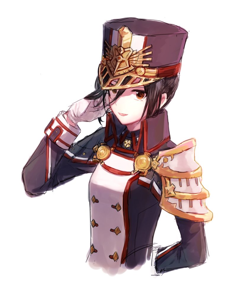 1girl fuyumiya_10 gloves hat long_hair meleph_(xenoblade) military military_hat military_uniform pauldrons reverse_trap simple_background solo uniform xenoblade_(series) xenoblade_2