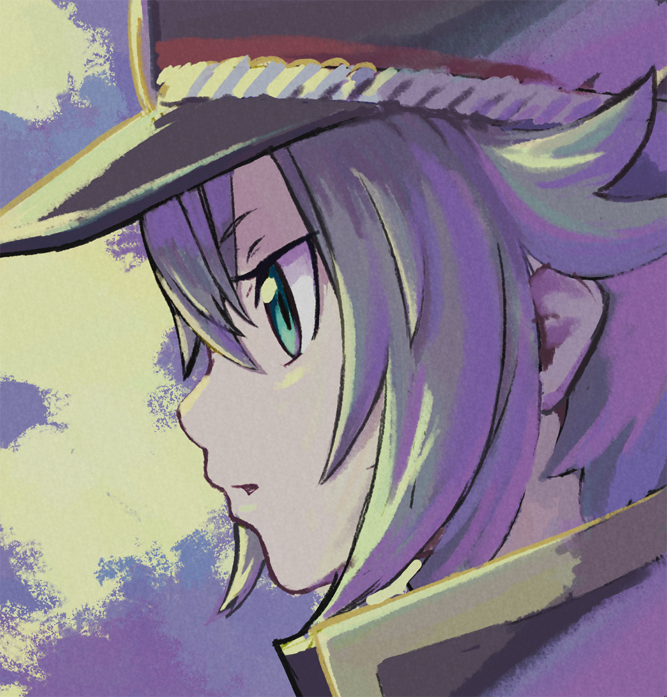 1boy aqua_eyes bangs black_hat crossed_bangs eyebrows eyebrows_visible_through_hair eyelashes grey_hair hair_between_eyes hair_flaps hat hotarumaru male_focus military_hat multicolored multicolored_background open_mouth portrait reiesu_(reis) short_hair sideways_mouth solo touken_ranbu tsurime upper_body